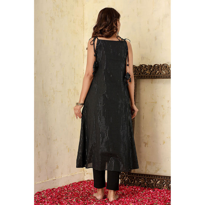 KAAJH Black Cotton Lurex Embroidered Sleeveless Kurta Pants (Set of 3)