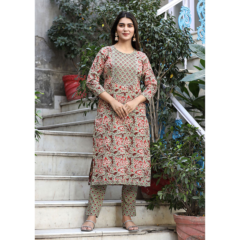 KAAJH Green Floral Print Cotton Kurta Pants (Set of 2)