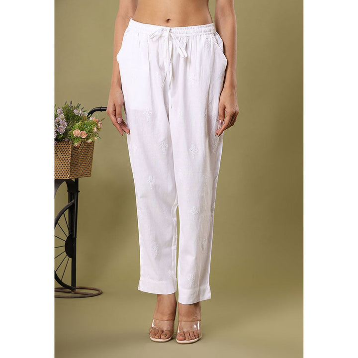 KAAJH White Floral Embroidery Cotton Casual Pants