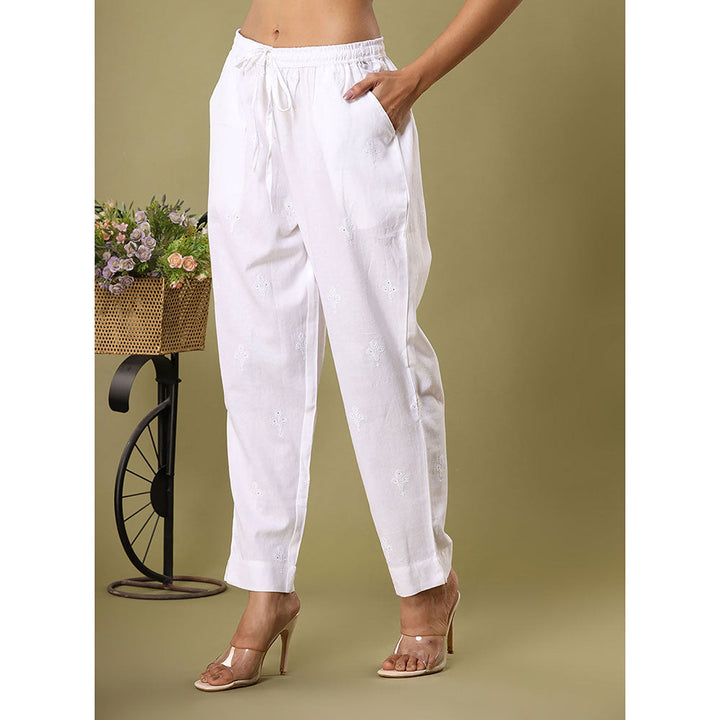 KAAJH White Floral Embroidery Cotton Casual Pants