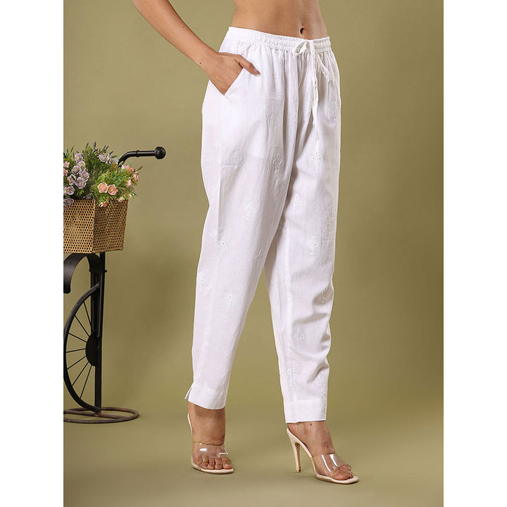 KAAJH White Floral Embroidery Cotton Casual Pants