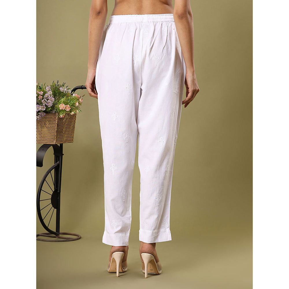 KAAJH White Floral Embroidery Cotton Casual Pants