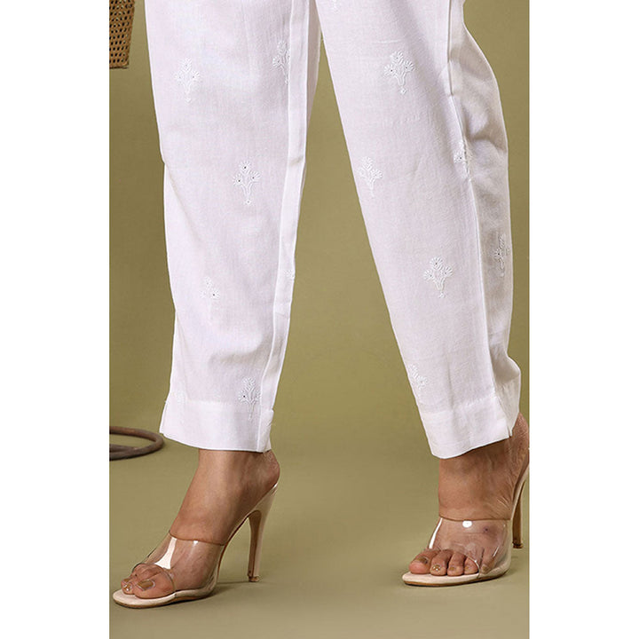 KAAJH White Floral Embroidery Cotton Casual Pants