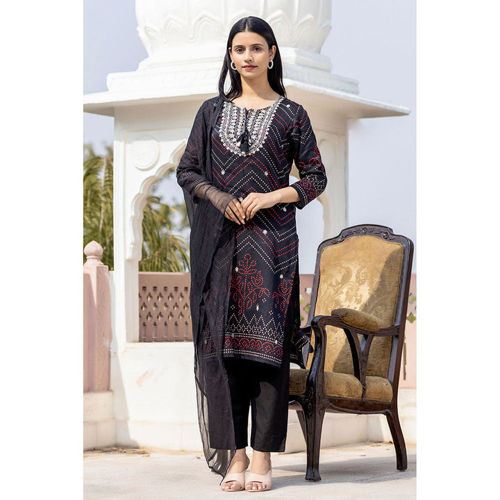 KAAJH Black Embroidered Cotton Kurta Pants with Dupatta (Set of 3)