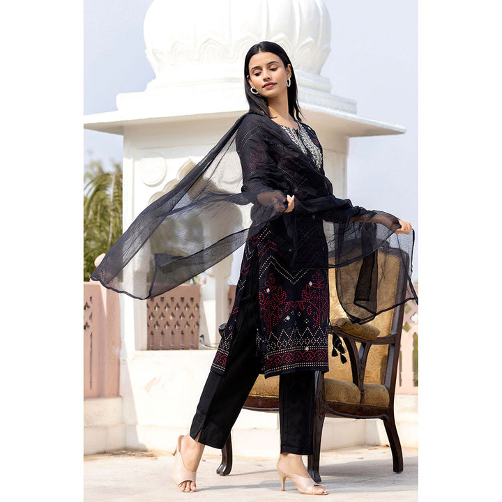 KAAJH Black Embroidered Cotton Kurta Pants with Dupatta (Set of 3)