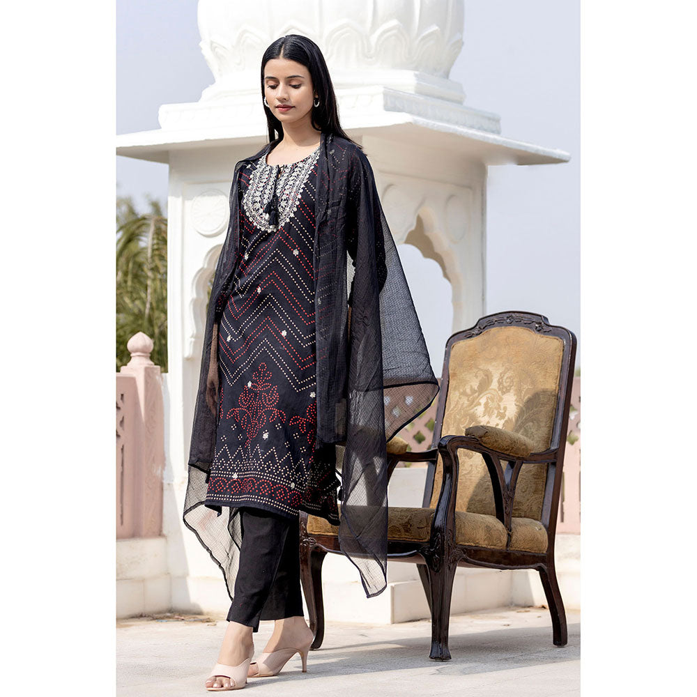 KAAJH Black Embroidered Cotton Kurta Pants with Dupatta (Set of 3)