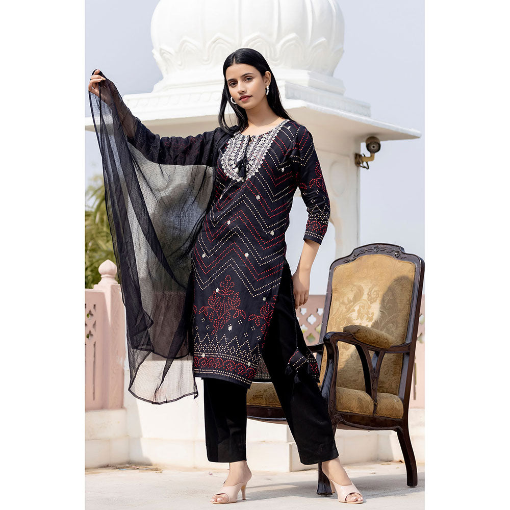 KAAJH Black Embroidered Cotton Kurta Pants with Dupatta (Set of 3)