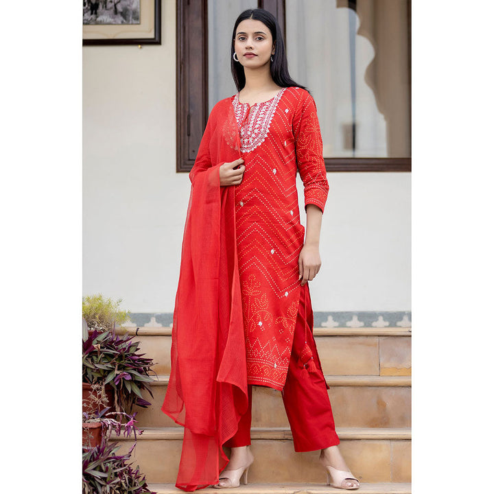 KAAJH Red Embroidered Cotton Kurta Pants with Dupatta (Set of 3)