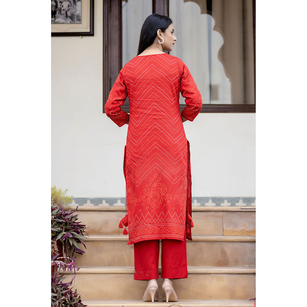 KAAJH Red Embroidered Cotton Kurta Pants with Dupatta (Set of 3)