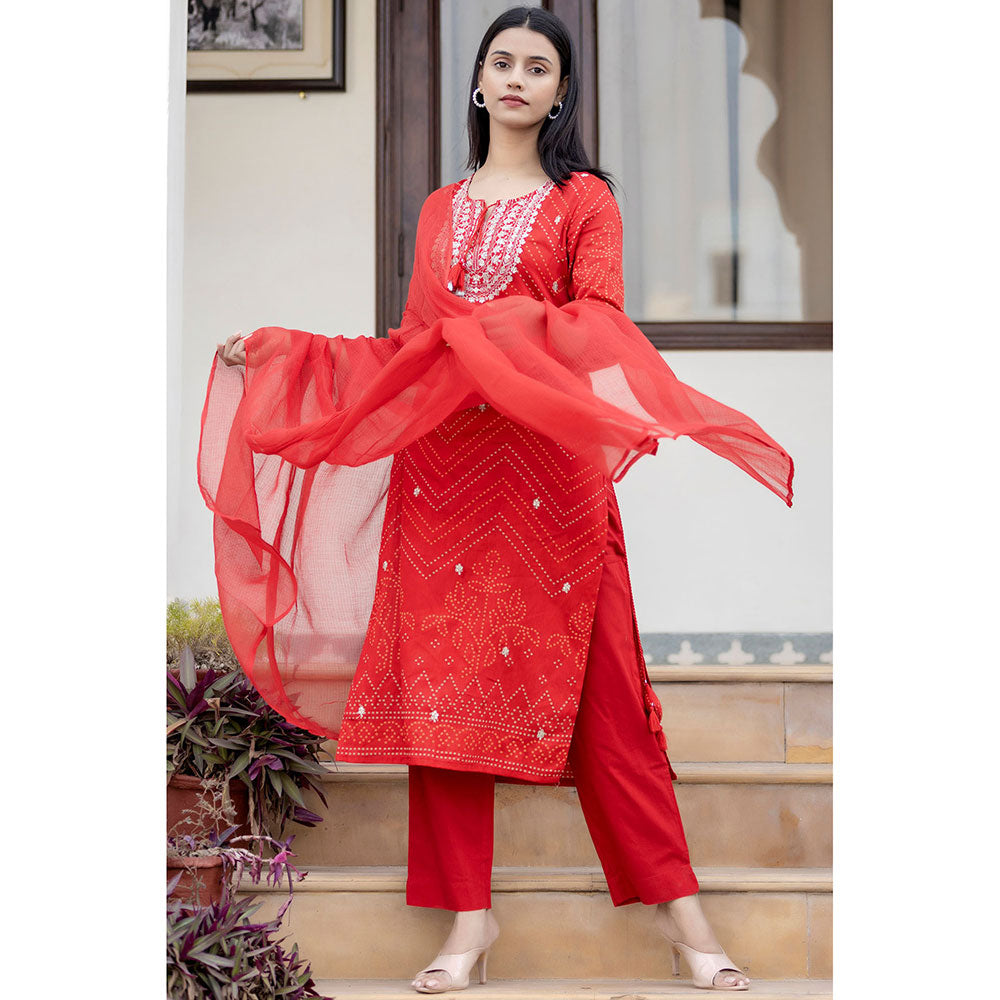 KAAJH Red Embroidered Cotton Kurta Pants with Dupatta (Set of 3)