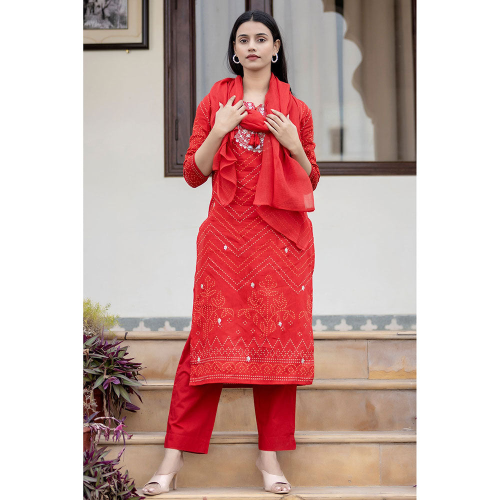 KAAJH Red Embroidered Cotton Kurta Pants with Dupatta (Set of 3)