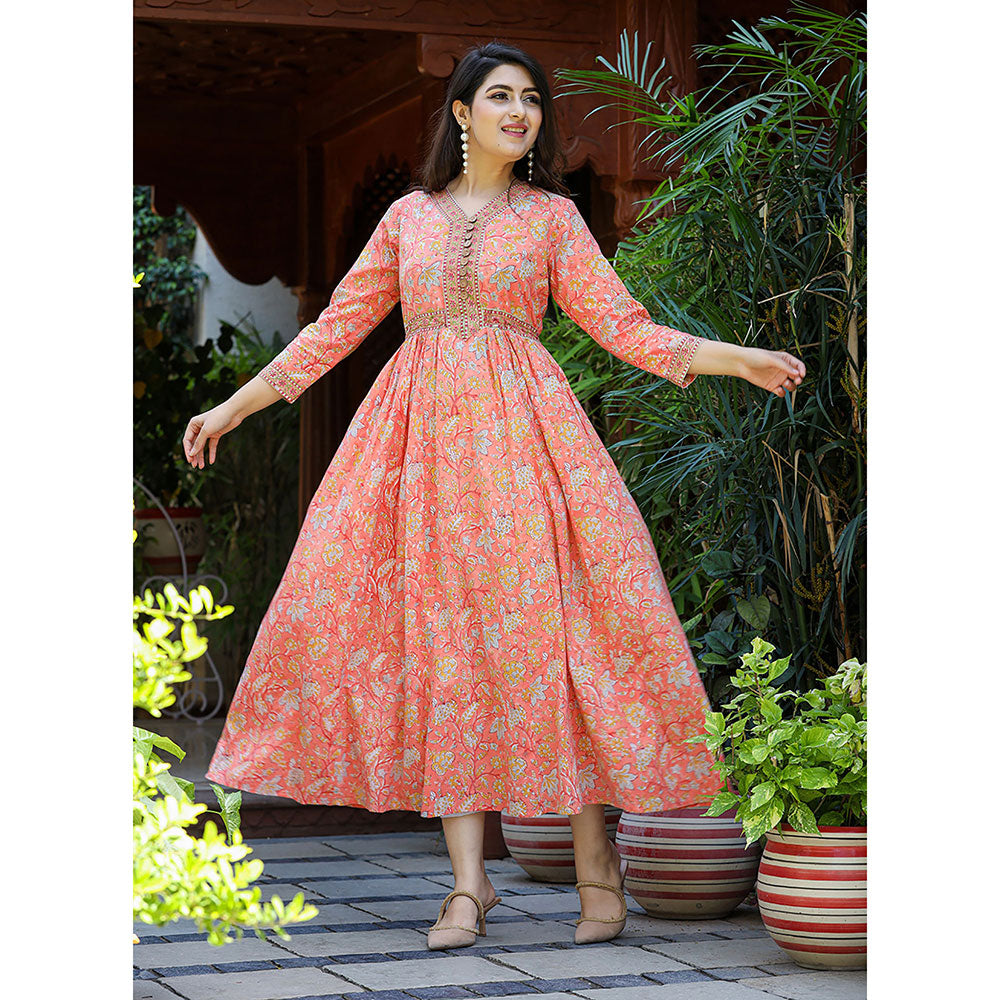 KAAJH Rose Peach Floral Handblock Printed Cotton Dress