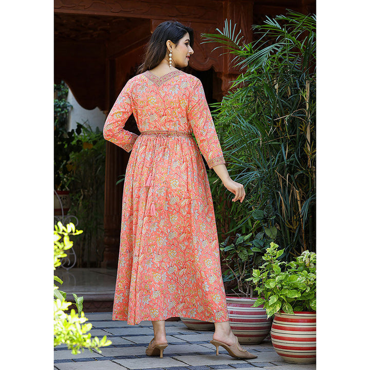 KAAJH Rose Peach Floral Handblock Printed Cotton Dress