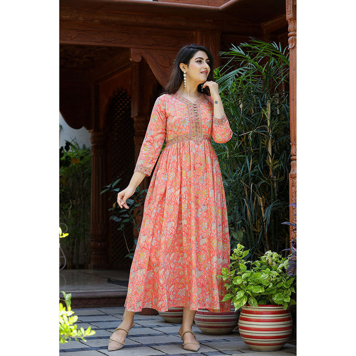 KAAJH Rose Peach Floral Handblock Printed Cotton Dress