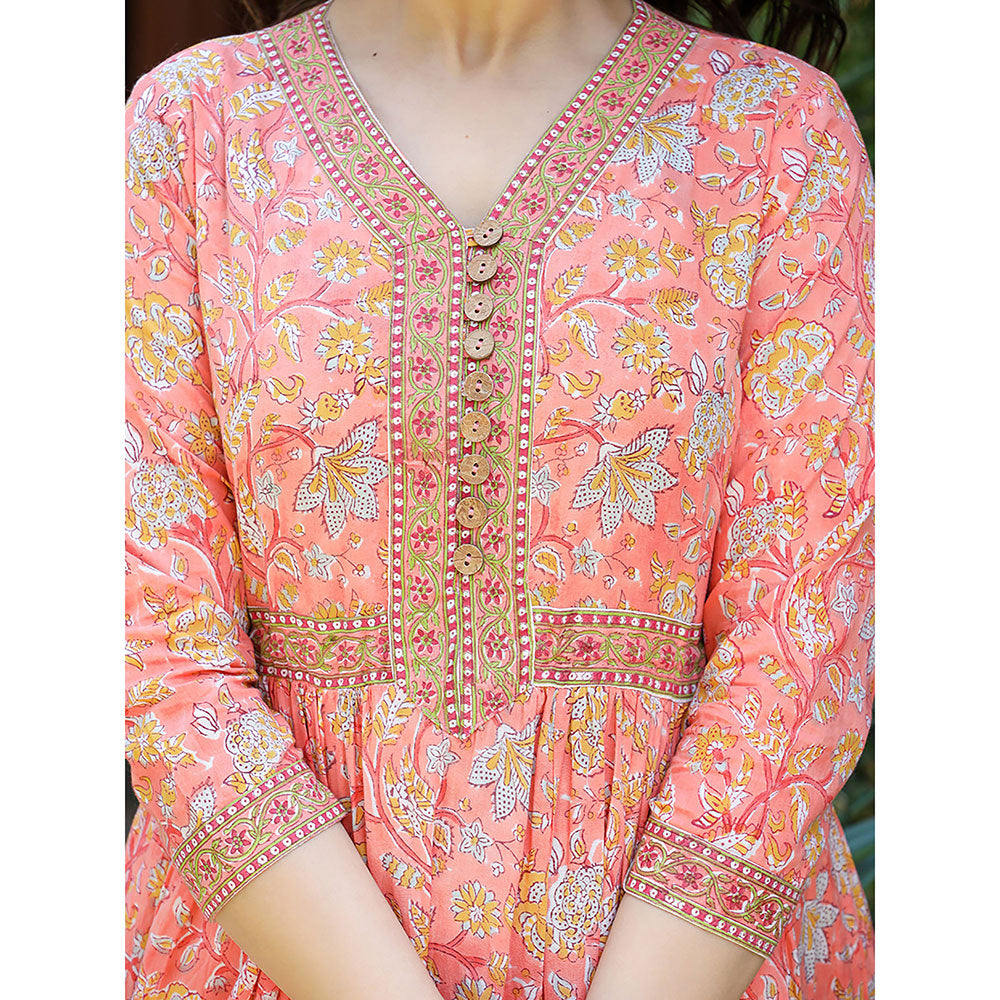 KAAJH Rose Peach Floral Handblock Printed Cotton Dress