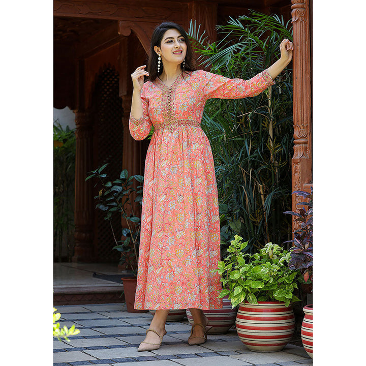 KAAJH Rose Peach Floral Handblock Printed Cotton Dress