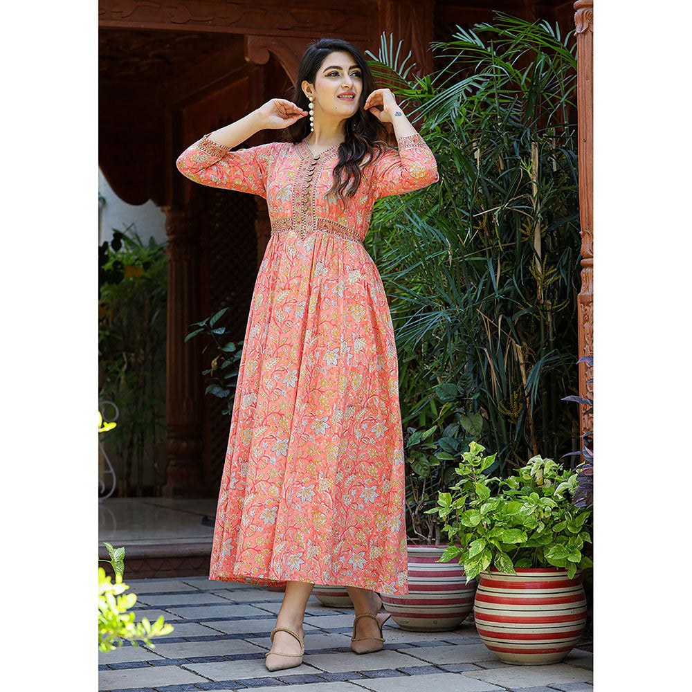 KAAJH Rose Peach Floral Handblock Printed Cotton Dress