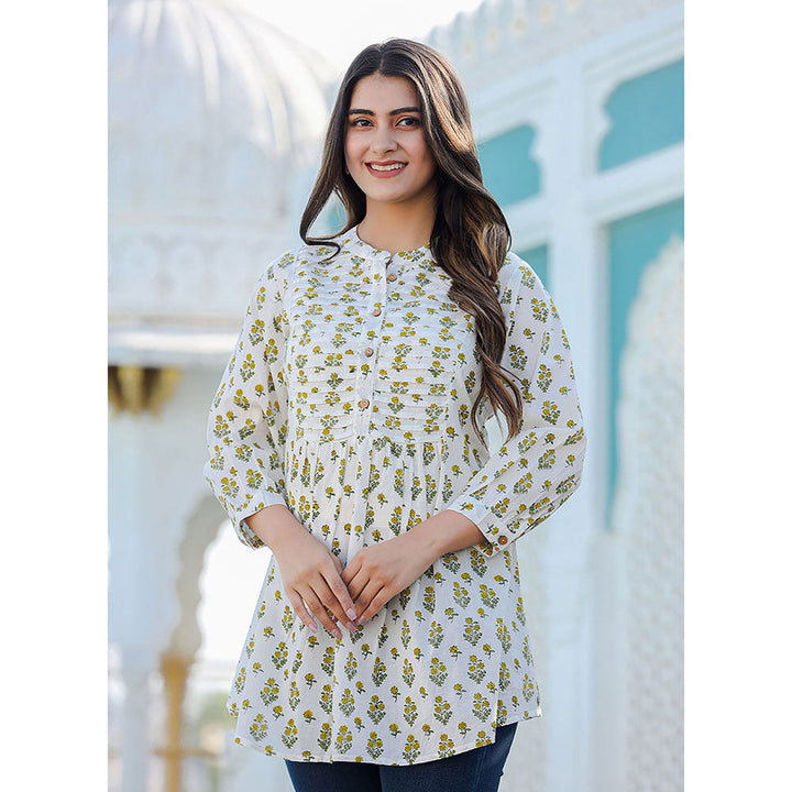 KAAJH Yellow-White Floral Hand Block Printed Cotton Top