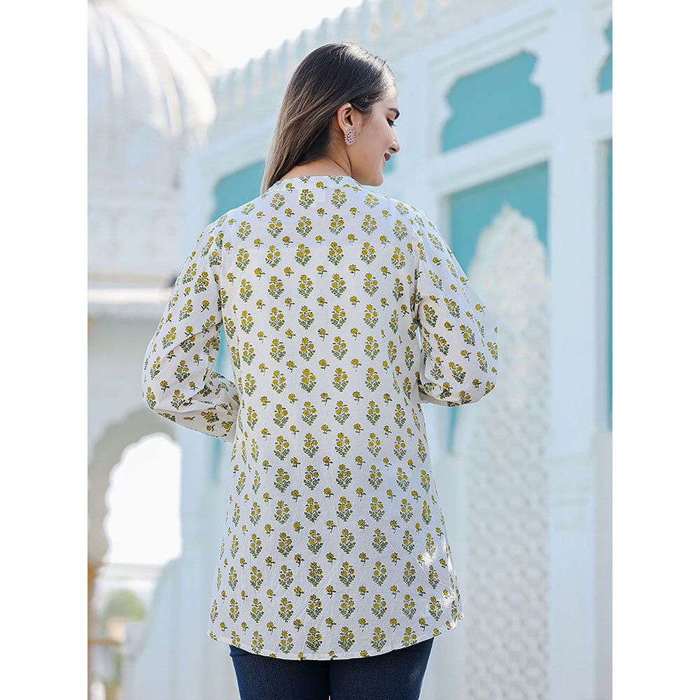 KAAJH Yellow-White Floral Hand Block Printed Cotton Top