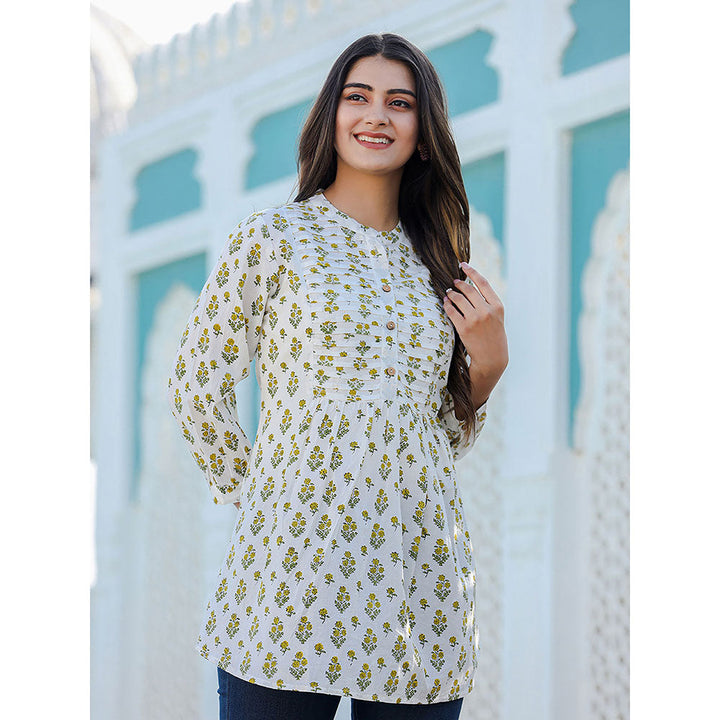 KAAJH Yellow-White Floral Hand Block Printed Cotton Top