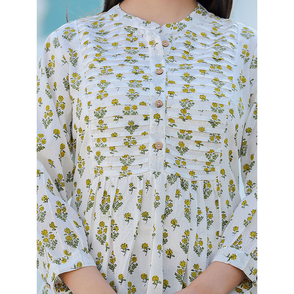 KAAJH Yellow-White Floral Hand Block Printed Cotton Top