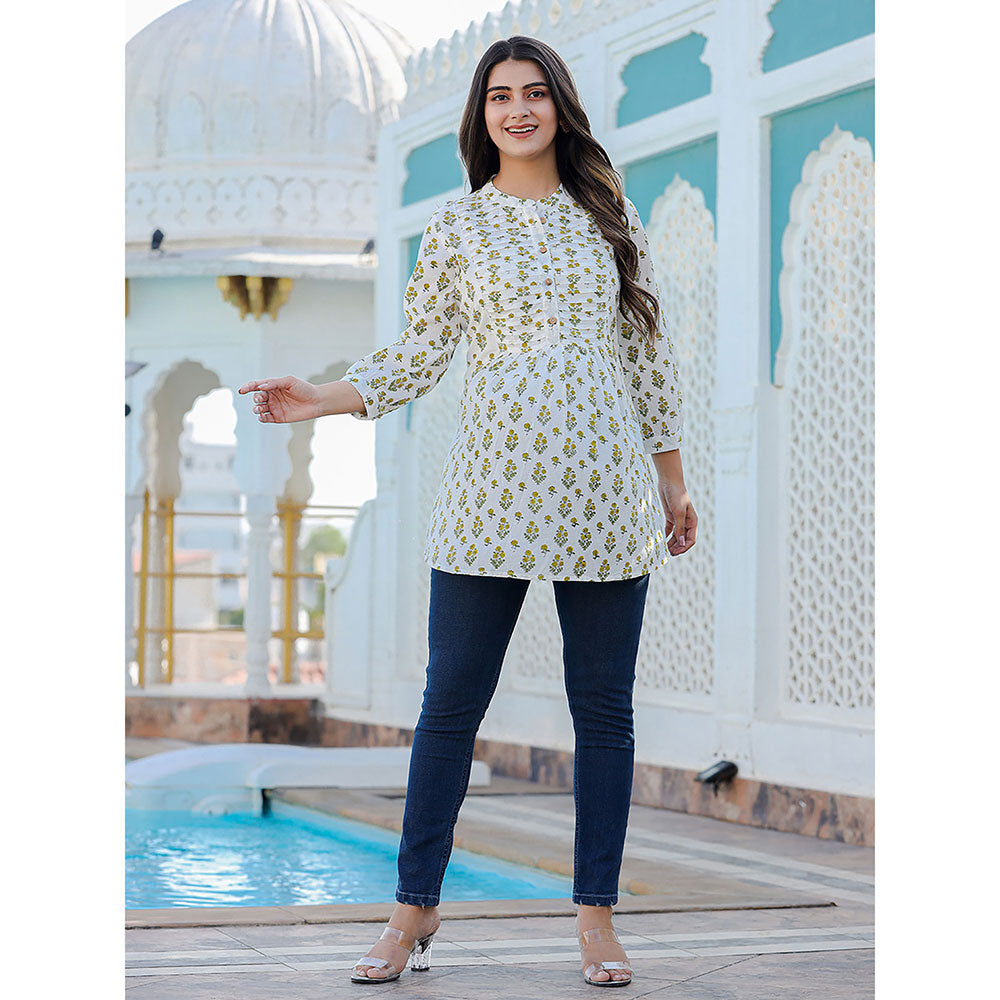 KAAJH Yellow-White Floral Hand Block Printed Cotton Top