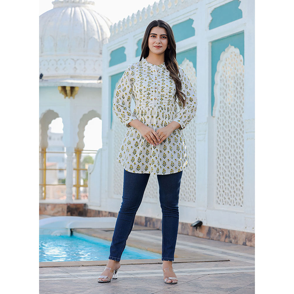 KAAJH Yellow-White Floral Hand Block Printed Cotton Top