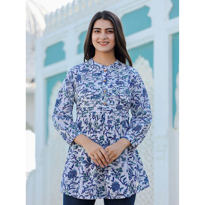 KAAJH White-Blue Hand Block Printed Cotton Top