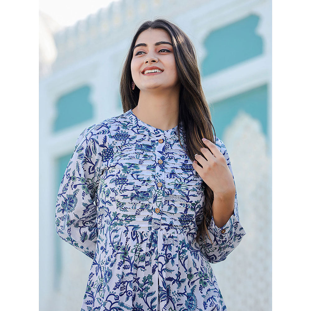 KAAJH White-Blue Hand Block Printed Cotton Top