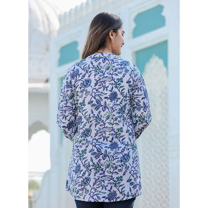 KAAJH White-Blue Hand Block Printed Cotton Top