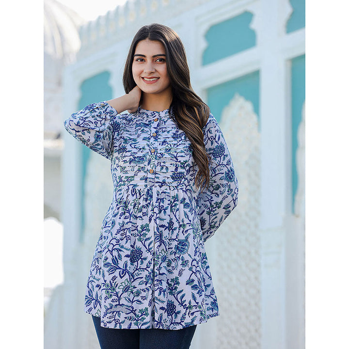 KAAJH White-Blue Hand Block Printed Cotton Top