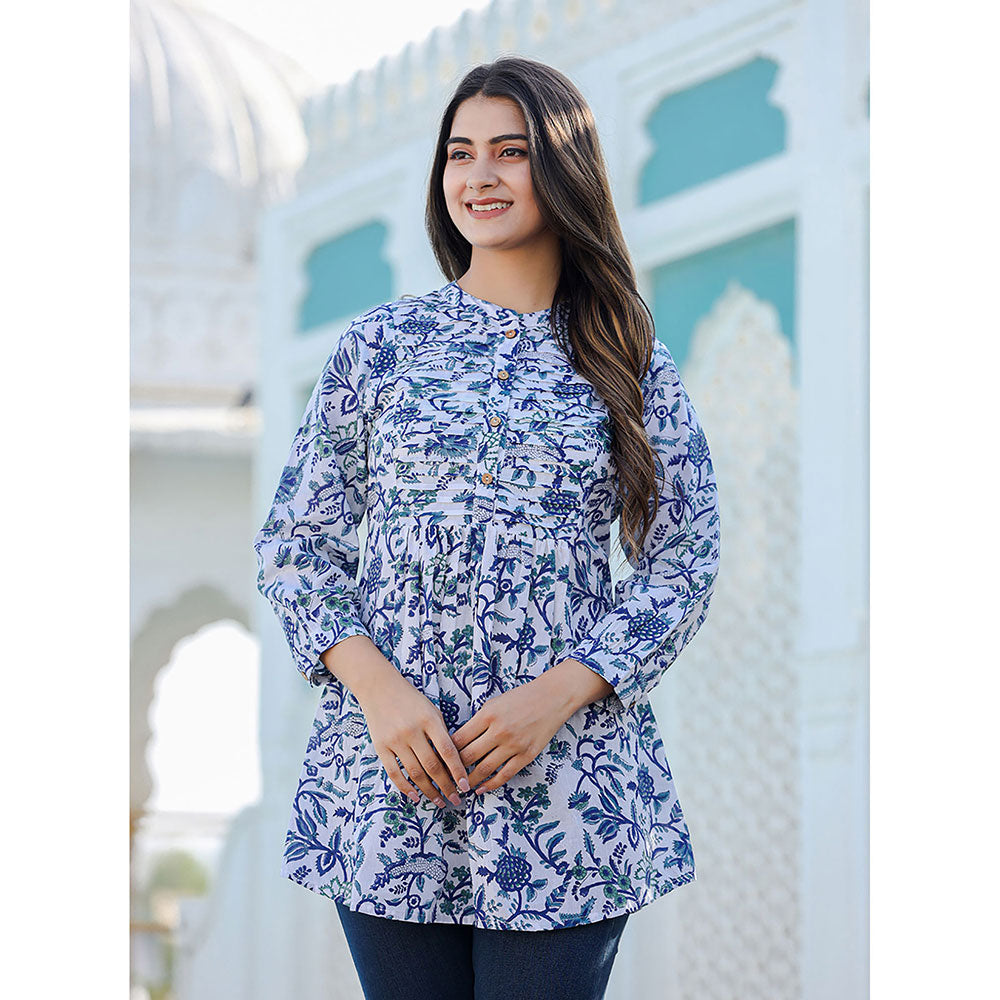 KAAJH White-Blue Hand Block Printed Cotton Top