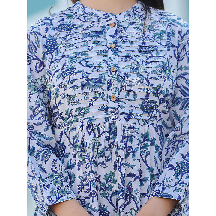 KAAJH White-Blue Hand Block Printed Cotton Top