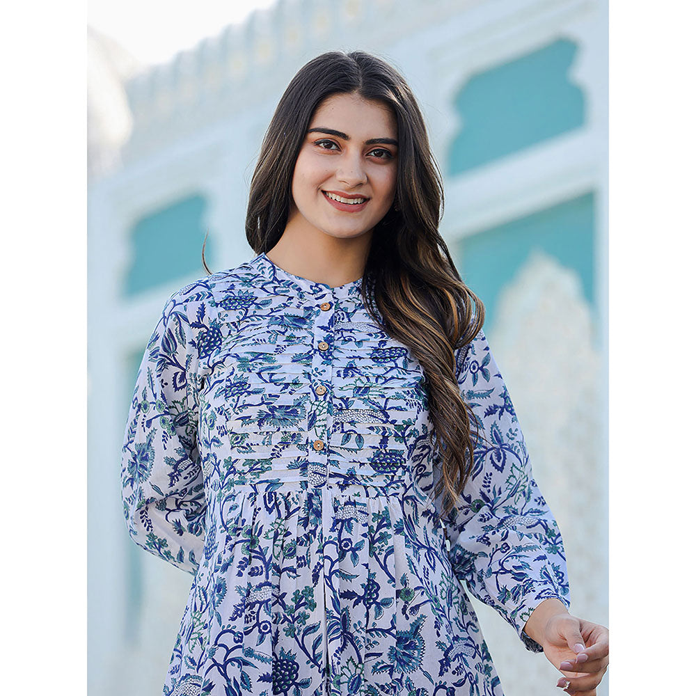 KAAJH White-Blue Hand Block Printed Cotton Top