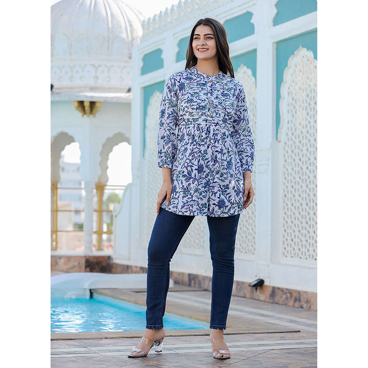 KAAJH White-Blue Hand Block Printed Cotton Top