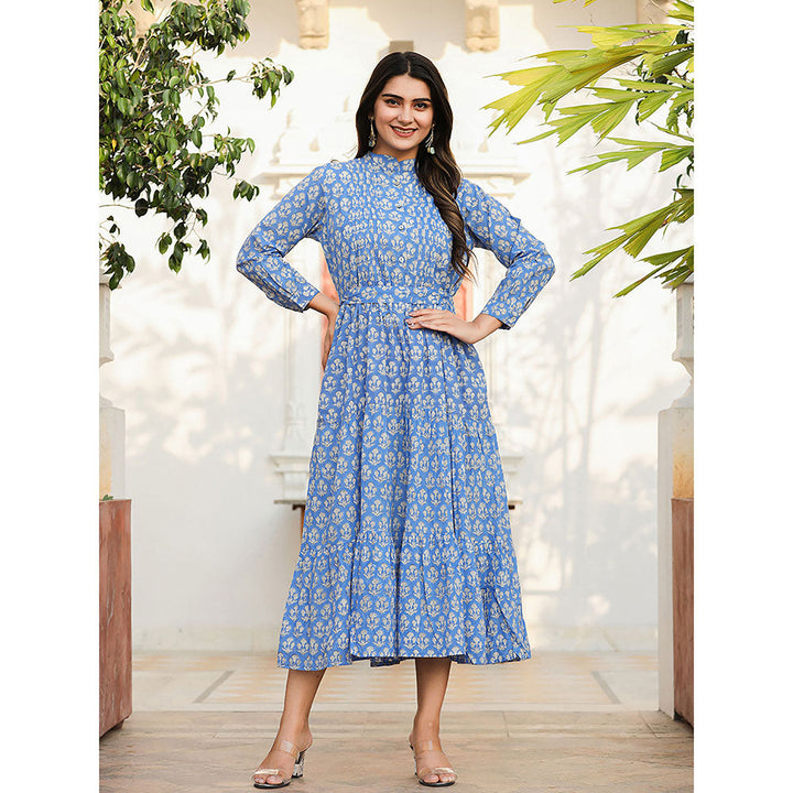 KAAJH Blue Floral Handblock Print Cotton Dress with Belt (Set of 2)