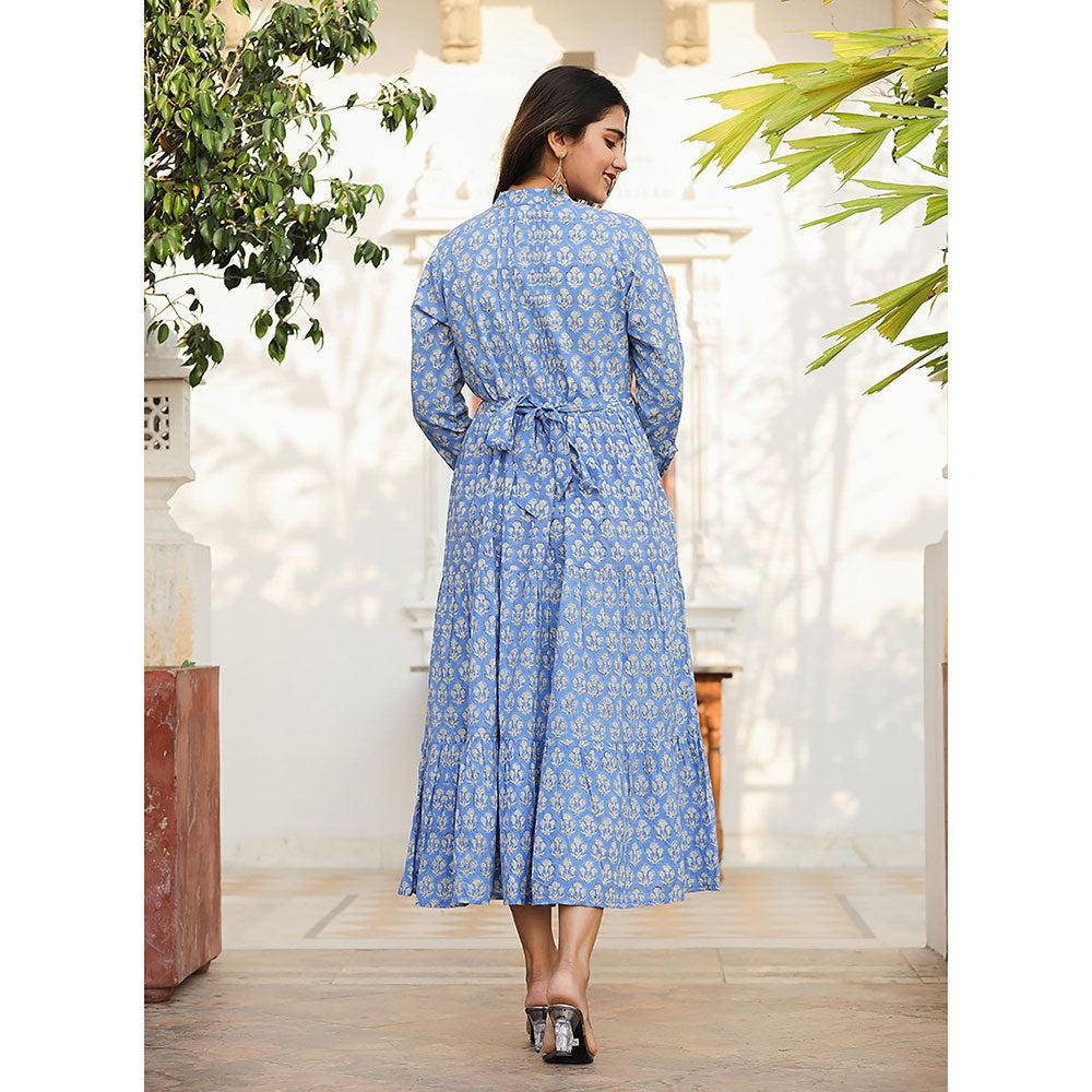 KAAJH Blue Floral Handblock Print Cotton Dress with Belt (Set of 2)