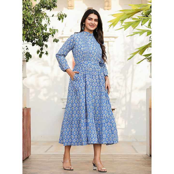 KAAJH Blue Floral Handblock Print Cotton Dress with Belt (Set of 2)