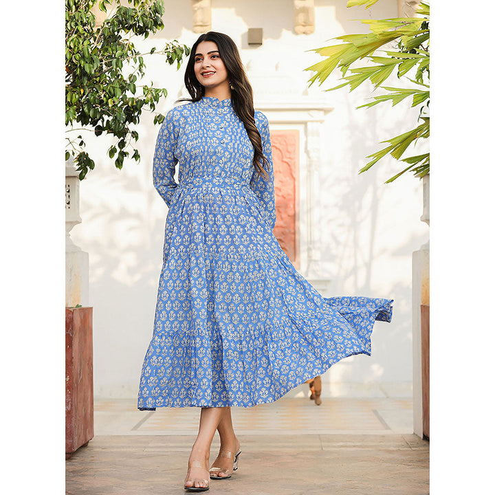 KAAJH Blue Floral Handblock Print Cotton Dress with Belt (Set of 2)