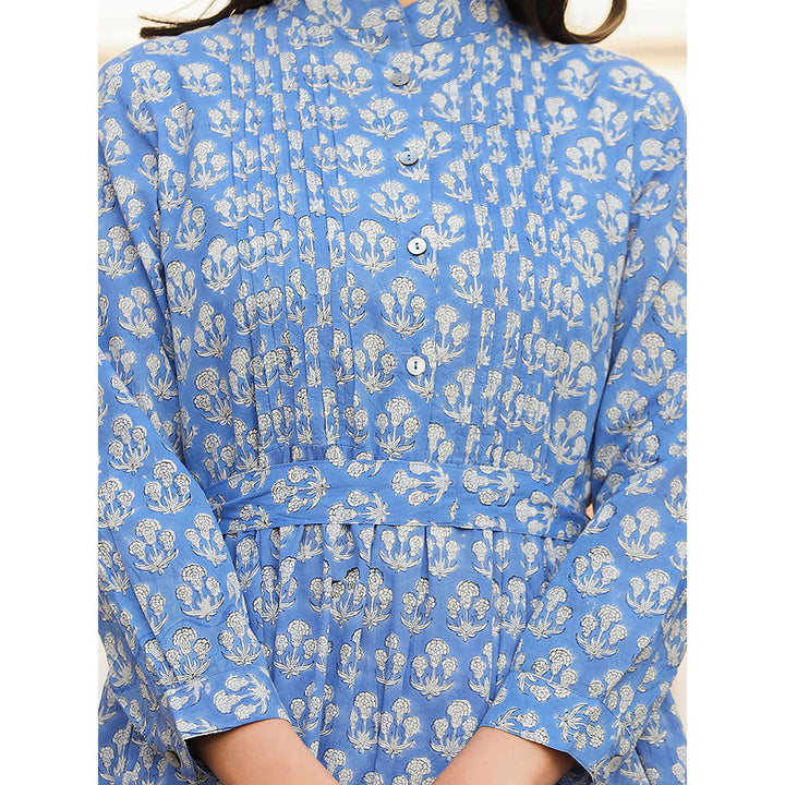 KAAJH Blue Floral Handblock Print Cotton Dress with Belt (Set of 2)