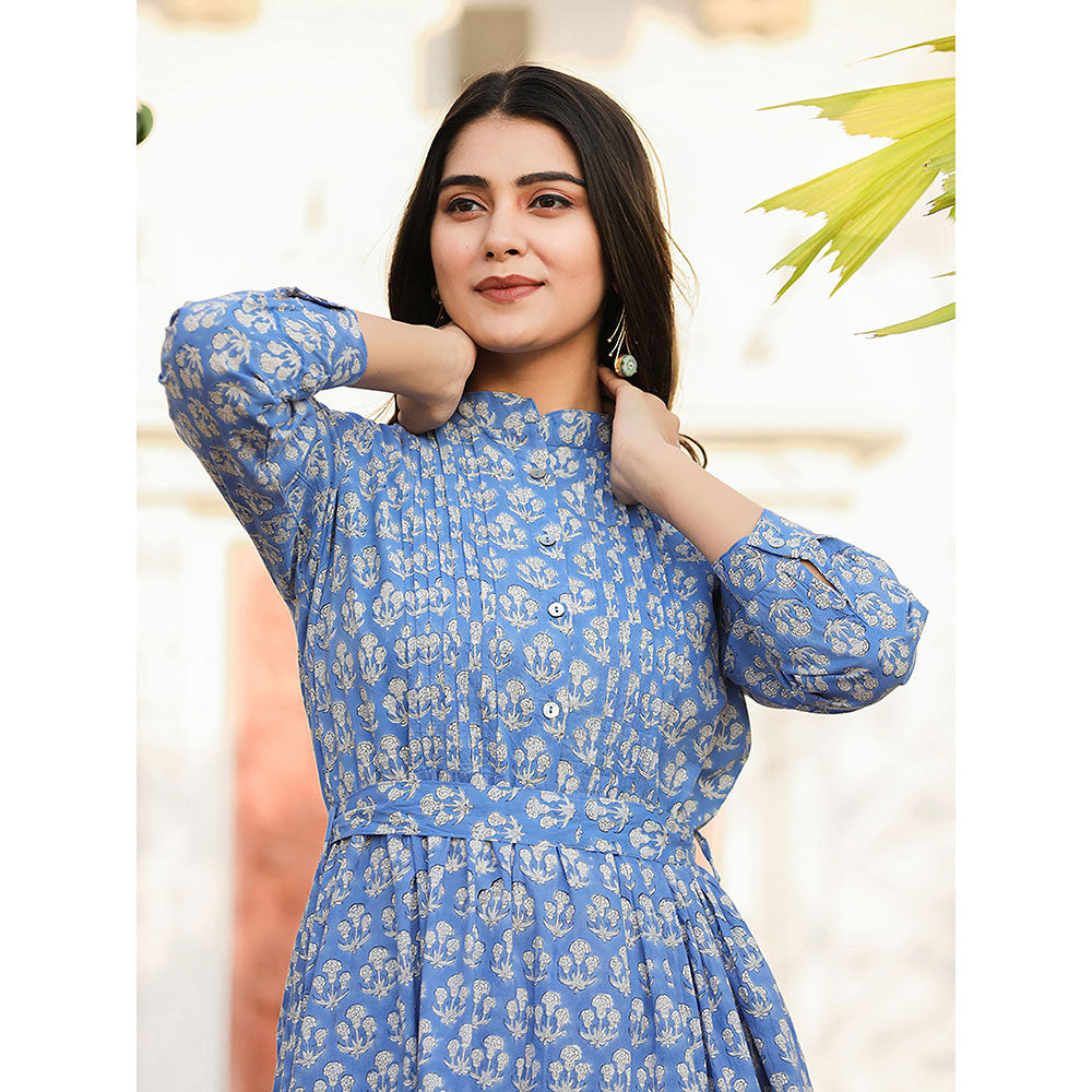 KAAJH Blue Floral Handblock Print Cotton Dress with Belt (Set of 2)