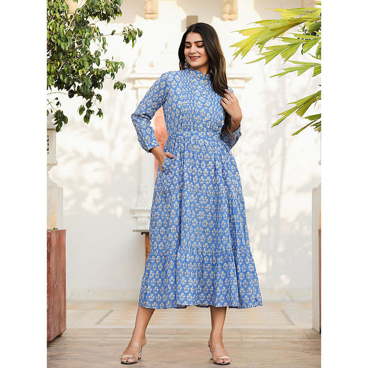 KAAJH Blue Floral Handblock Print Cotton Dress with Belt (Set of 2)