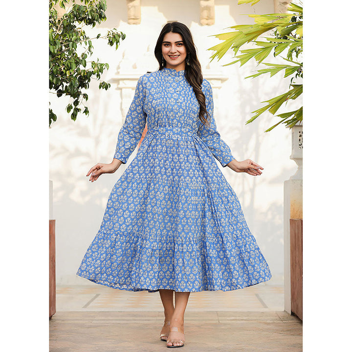 KAAJH Blue Floral Handblock Print Cotton Dress with Belt (Set of 2)