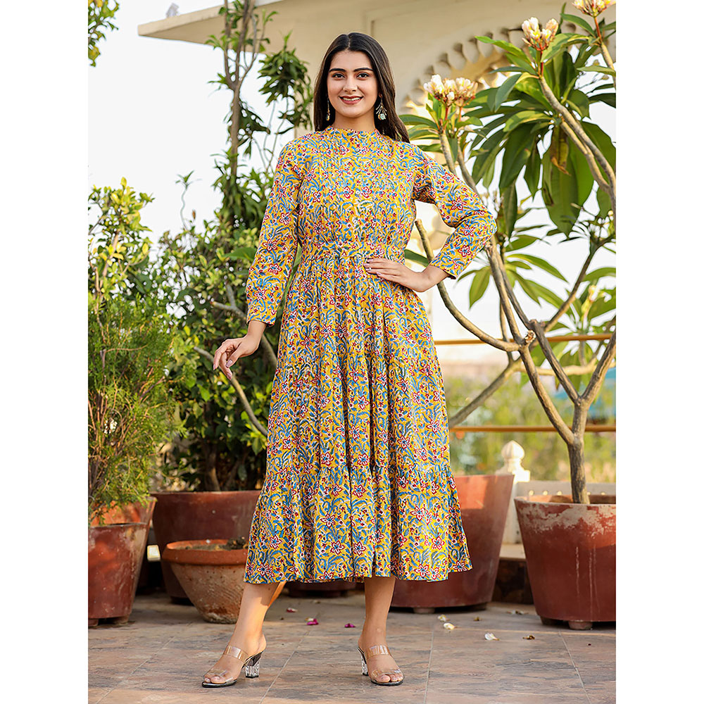 KAAJH Yellow Floral Handblock Print Cotton Dress with Belt (Set of 2)