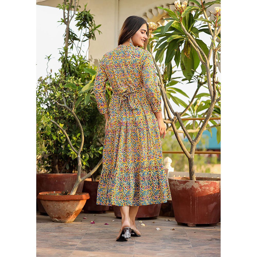 KAAJH Yellow Floral Handblock Print Cotton Dress with Belt (Set of 2)