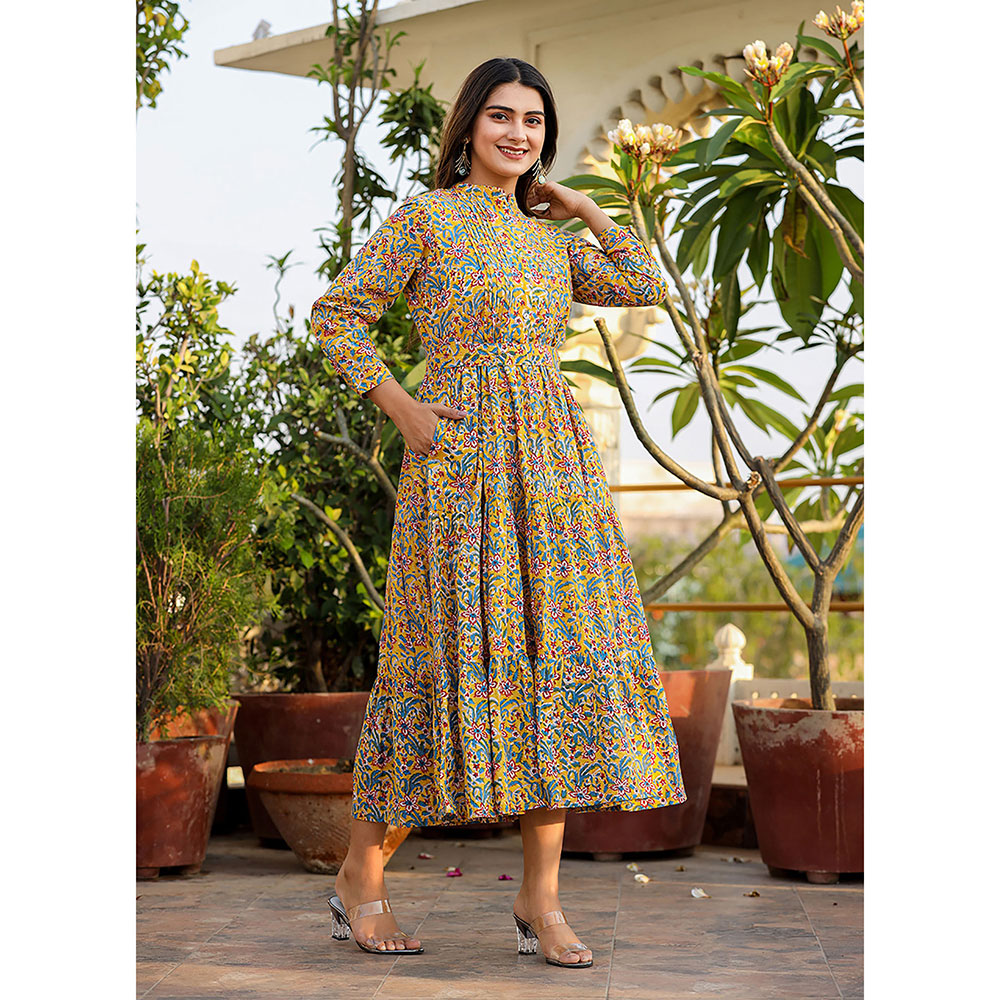 KAAJH Yellow Floral Handblock Print Cotton Dress with Belt (Set of 2)