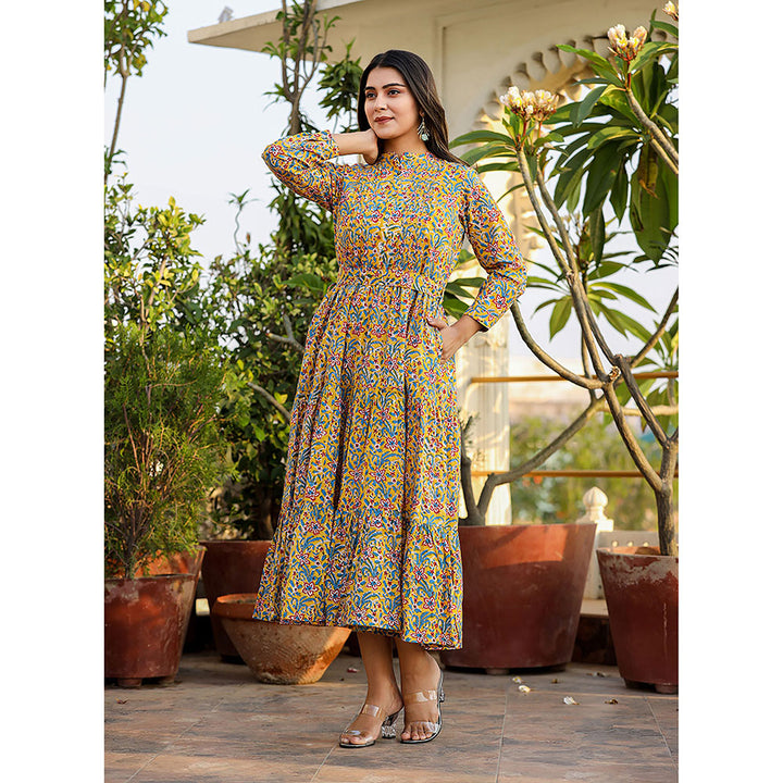 KAAJH Yellow Floral Handblock Print Cotton Dress with Belt (Set of 2)