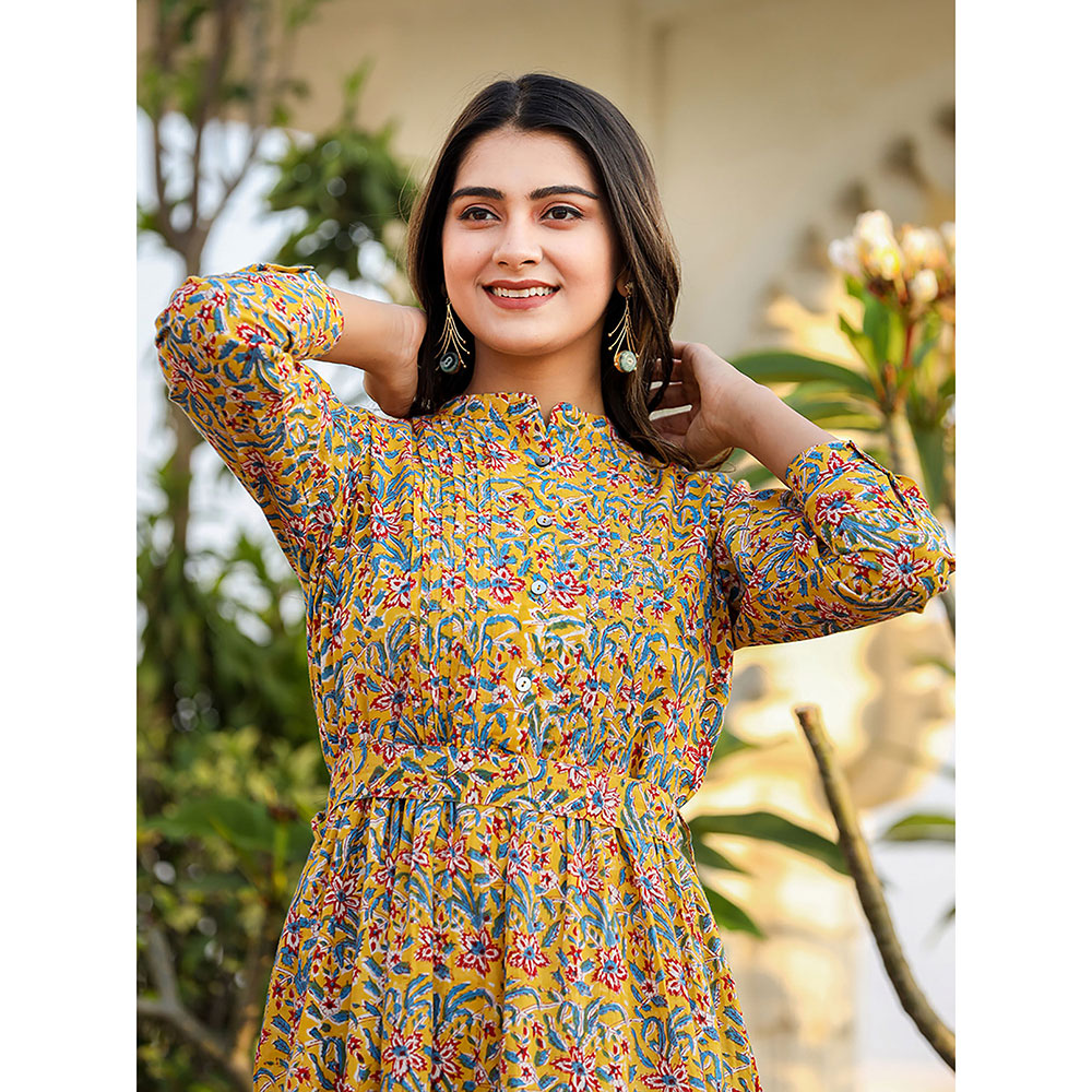 KAAJH Yellow Floral Handblock Print Cotton Dress with Belt (Set of 2)