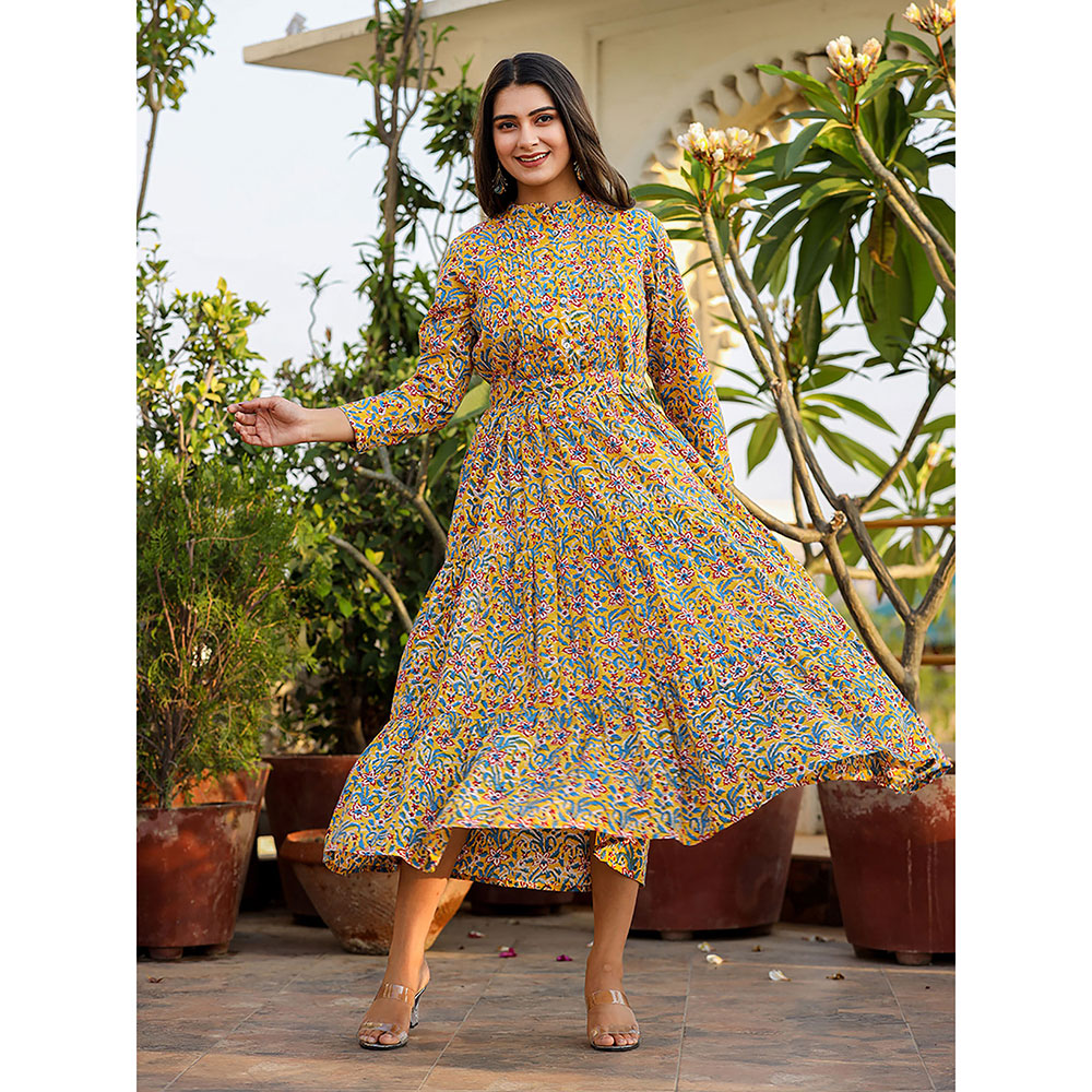 KAAJH Yellow Floral Handblock Print Cotton Dress with Belt (Set of 2)