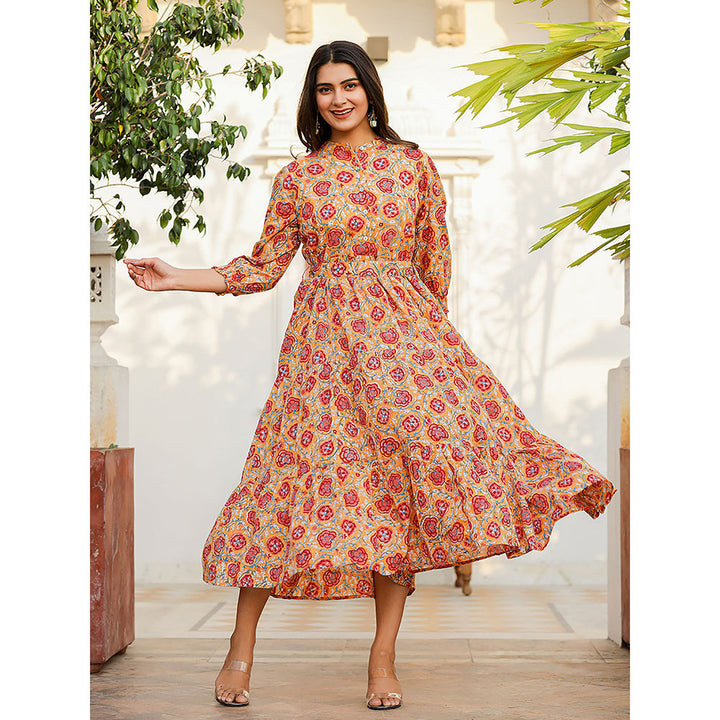 KAAJH Yellow-Red Floral Hand Block Print Cotton Dress with Belt (Set of 2)